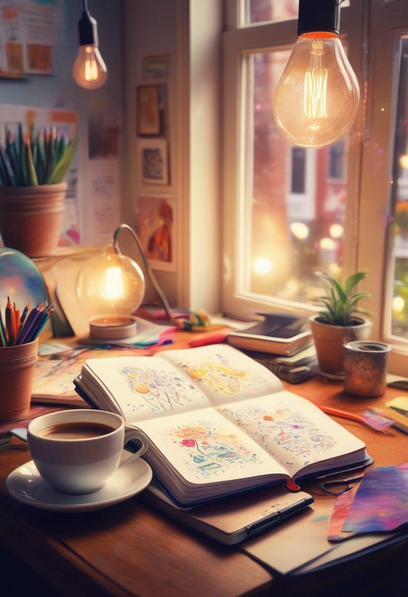 A whimsical scene depicting a vibrant open notebook with colorful ideas emerging from its pages, including playful doodles, light bulbs, and swirling thoughts that represent creativity and imagination. In the background, a serene desk with a laptop and coffee cup, symbolizing a cozy blogging space. Bright, dynamic colors enhance the overall sense of inspiration and creativity. watercolor. vibrant colors. soft focus.