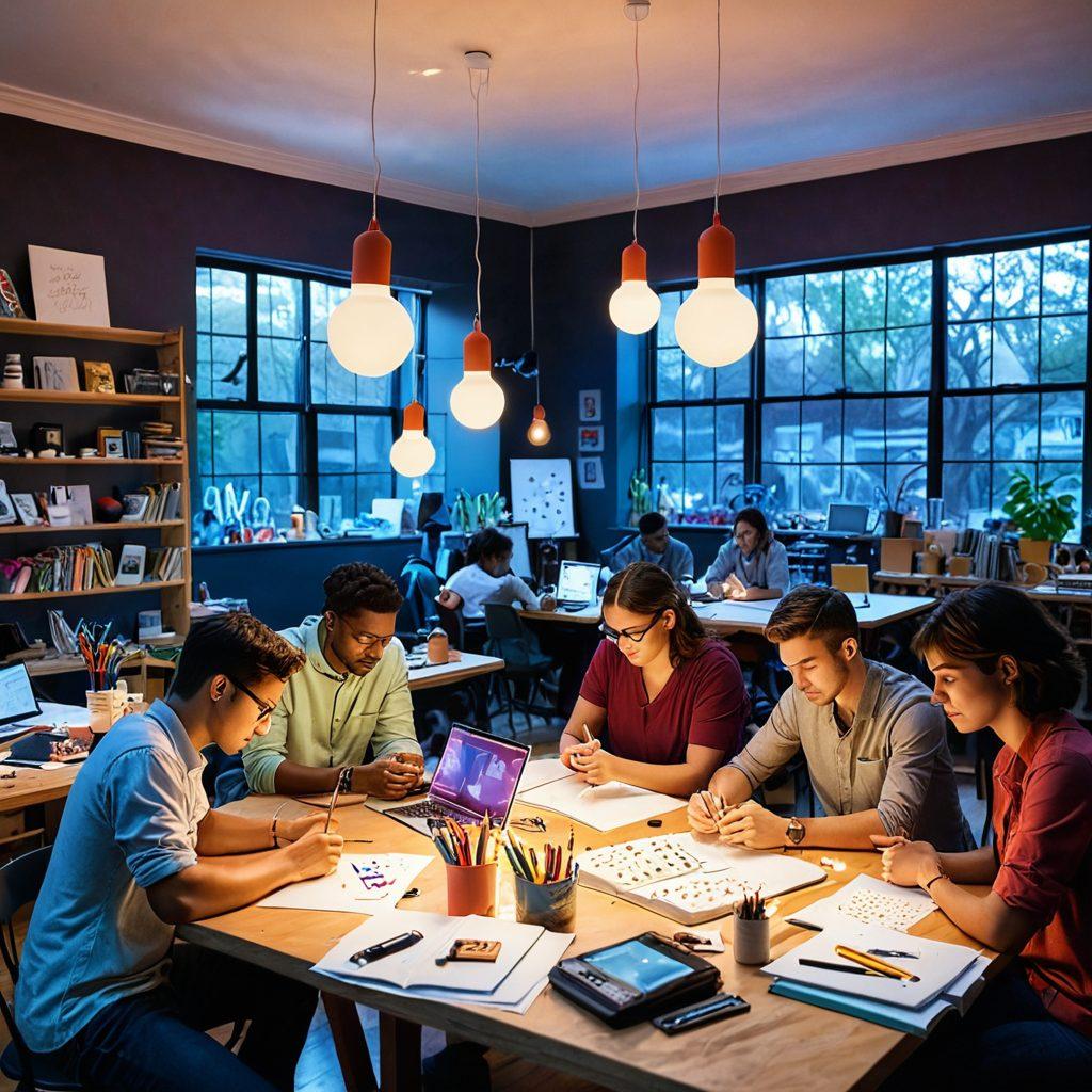 An imaginative scene depicting a diverse group of people actively engaged in a creative workshop, surrounded by colorful art supplies, digital devices, and brainstorming notes. Above them, floating lightbulbs symbolize innovative ideas and inspiration. The atmosphere is vibrant and inviting, showcasing collaboration and enthusiasm. Bright, cheerful colors enhance the sense of community and creativity. super-realistic. vibrant colors. dynamic composition.