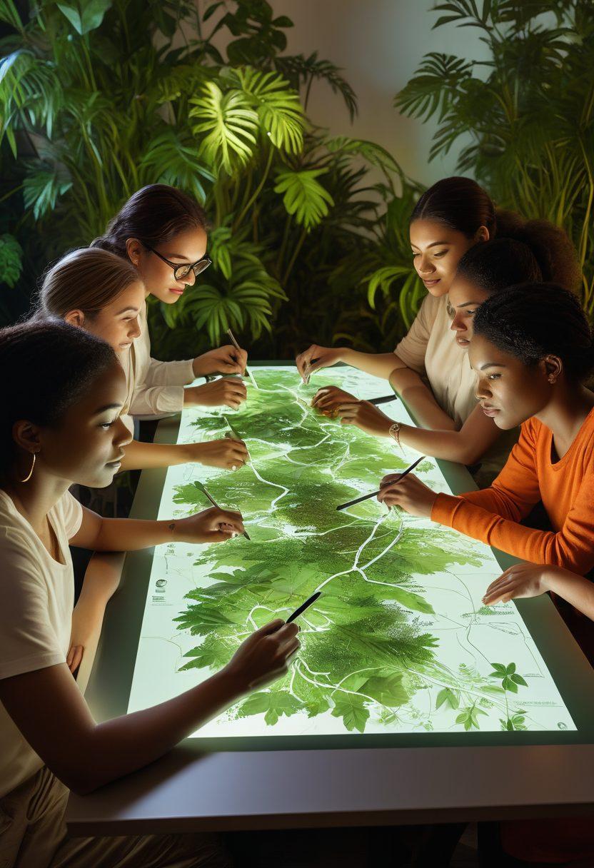 A diverse group of enthusiastic writers gathered around a futuristic digital table, sharing ideas and writing collaboratively. Lush greenery and glowing screens surround them, symbolizing growth and connectivity in the online community. Diverse characters, including different ethnicities and ages, embody creativity and collaboration. A glowing journey map outlines their transformation as writers. super-realistic. vibrant colors. 3D.